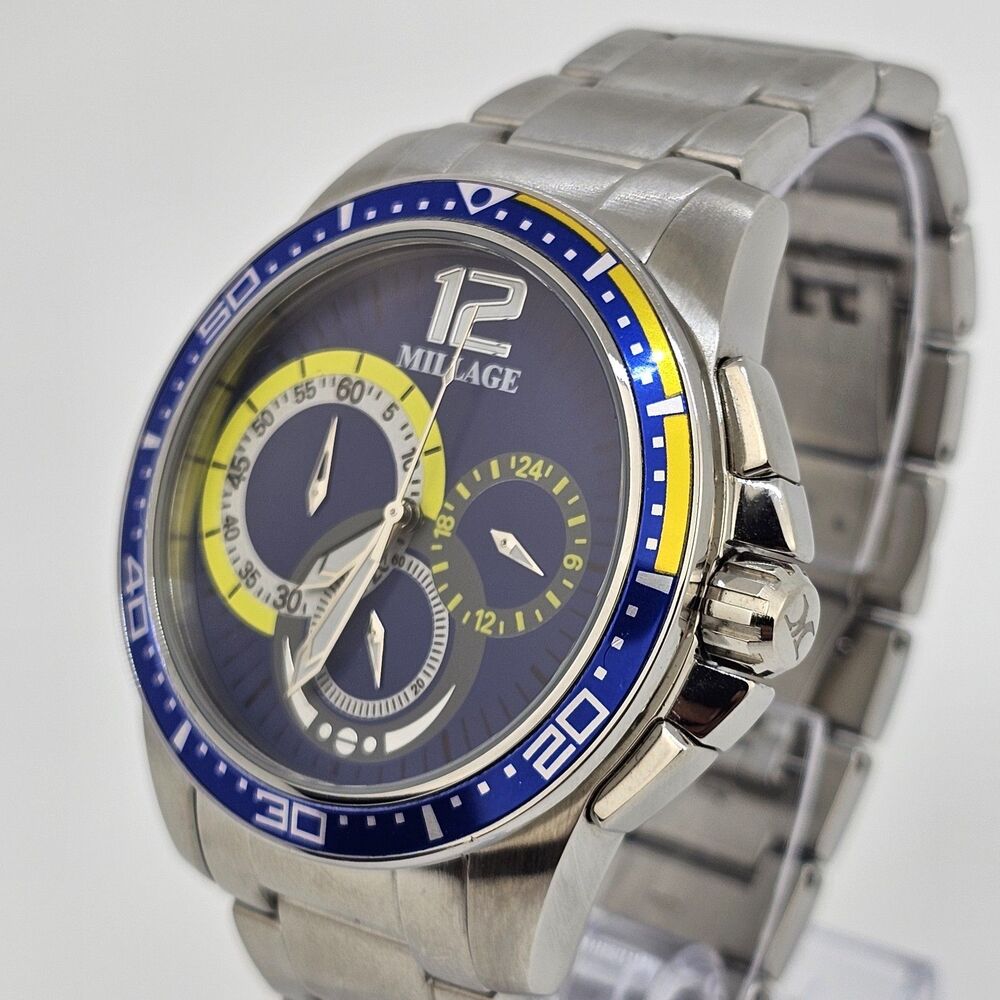 Millage Men's Watch 44MM Blue Dial Gray Bracelet Band 6.5"‎ Wrist New Battery - Picture 3 of 13